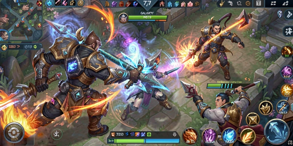 Screenshot permainan GALAXY77 menunjukkan aksi pertempuran seru di arena MOBA.