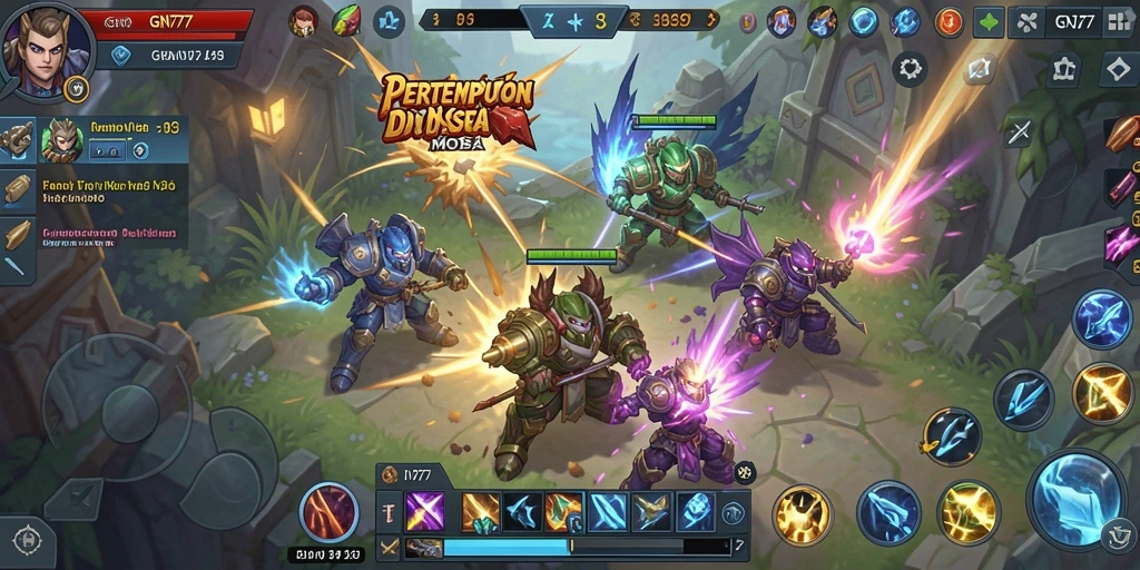 Screenshot gameplay GN777 dengan pertempuran seru di arena MOBA.